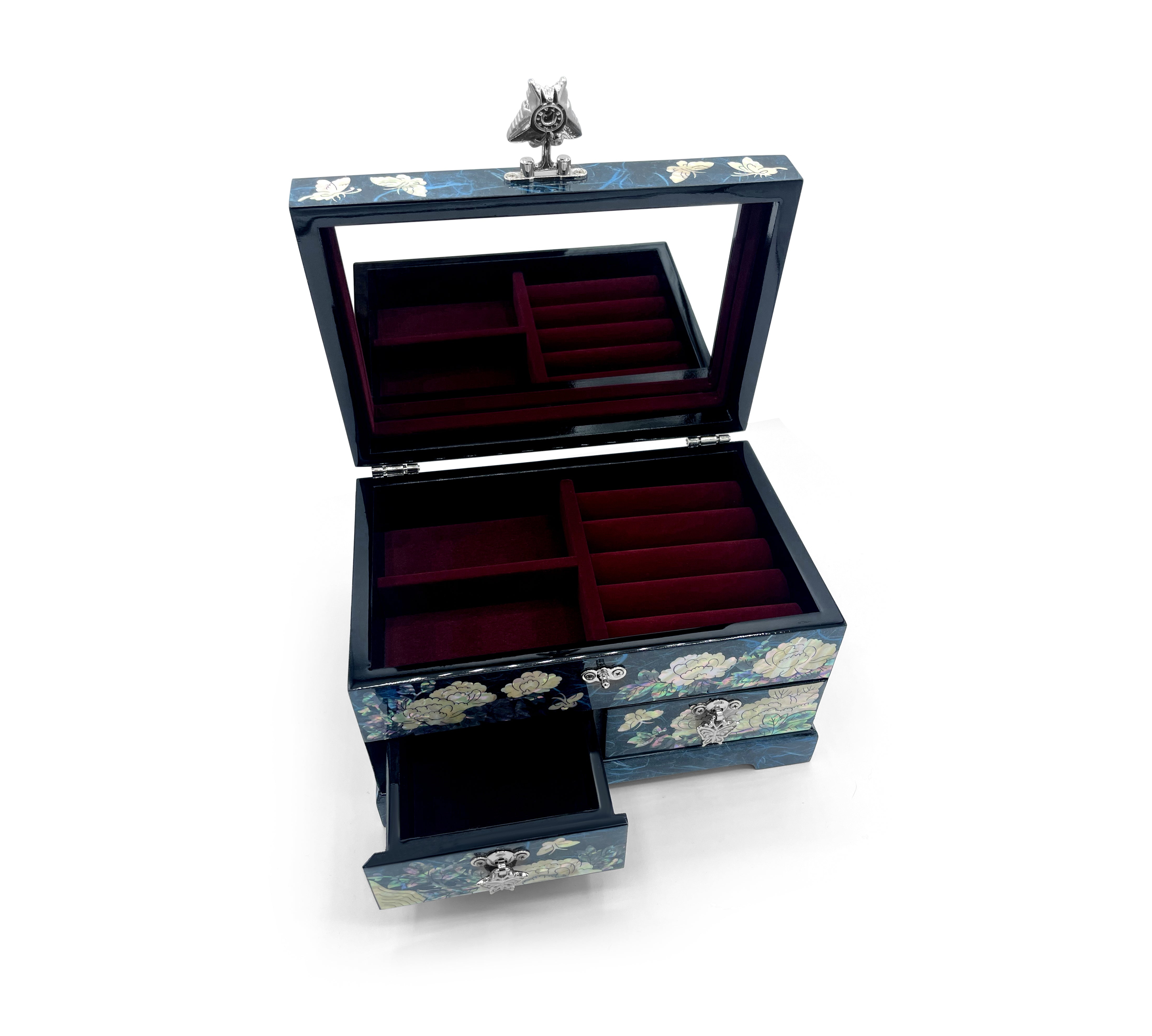 Butterflies and Lotus Blossom Mirrored Chest With Drawers-nunchi